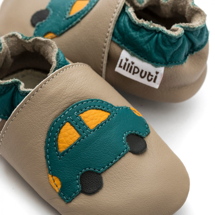 Pantofi cu talpă moale Liliputi cu crampoane antialunecare - Green Car [3]