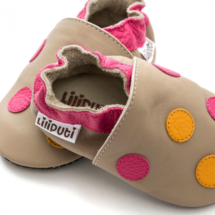 Pantofi cu talpă moale Liliputi cu crampoane antialunecare - Polka Dots Pink [3]
