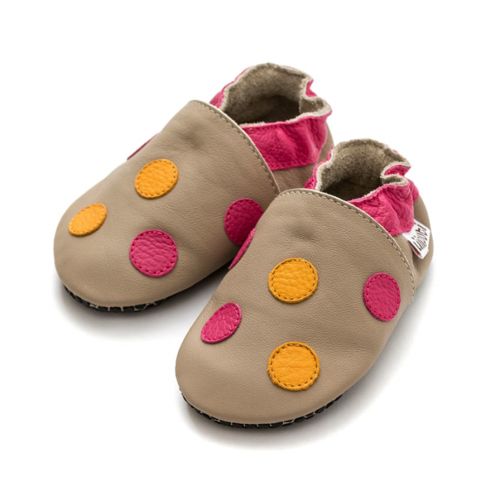 Pantofi cu talpă moale Liliputi cu crampoane antialunecare - Polka Dots Pink [2]