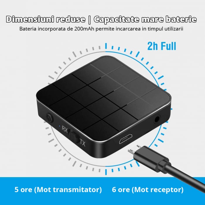 Adaptor Bluetooth 2 in 1, LittleDomi, Transmitator si Receptor TX/RX, HD, RCA, AUX jack 3.5 mm pentru Casti, TV, Masina, Sistem Audio, Home Cinema, Laptop, PC, Versiune Bluetooth 5.0, Negru [6]
