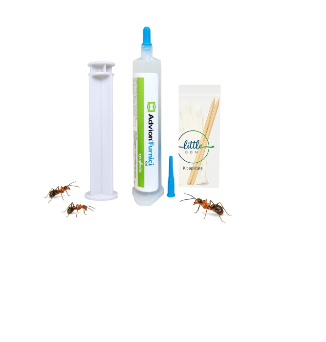 Advion Furnici Gel, 30 g, Eliminare Furnici + Kit Aplicare LittleDomi (Aplicator cu Piston, Bete de Portocal, Manusi) [1]