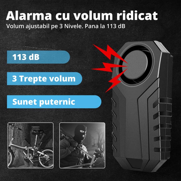 Alarma Antifurt pentru Bicicleta, Trotineta si Motocicleta, LittleDomi, 3 Nivele de Volum pana la 113db, Senzor de Vibratii, Telecomanda, Impermeabila Ip55, 7 Nivele de Senzivitate, Negru [3]
