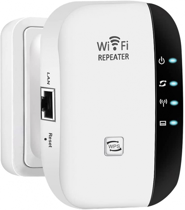 Amplificator Semnal Retea Wireless, LittleDomi, WiFi Repeater 300Mbps, 802.11n b.g., 2.4GHz WLAN, Functie WPS cu Port LAN de Antene Integrate, Alb-negru [1]