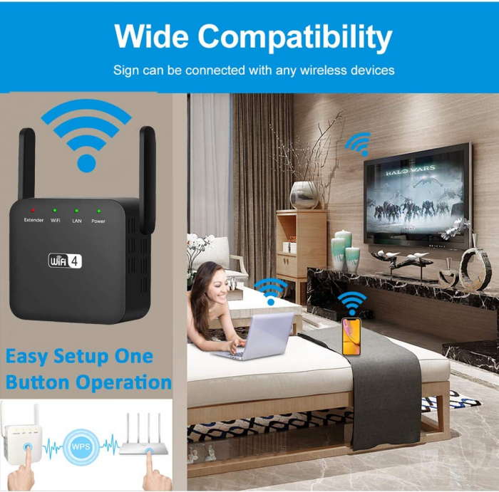 Amplificator Semnal Retea Wireless, LittleDomi, WiFi repeater 300Mbps, 802.11n.b.g., Retea 2.4 GHz, Conexiune WPA si WPA2, 2 Antene Externe, Port LAN, Negru [6]