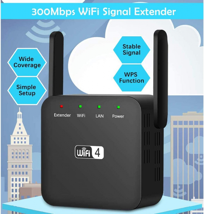 Amplificator Semnal Retea Wireless, LittleDomi, WiFi repeater 300Mbps, 802.11n.b.g., Retea 2.4 GHz, Conexiune WPA si WPA2, 2 Antene Externe, Port LAN, Negru [2]