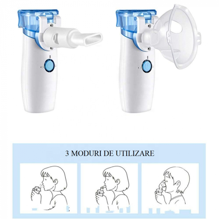 Aparat Aerosoli-Nebulizator Portabil, LittleDomi, Silentios, Masca pentru Copii, Masca pentru Adulti, Piesa pentru Gura, Capac Protectie, Husa de Depozitare, Alb [3]