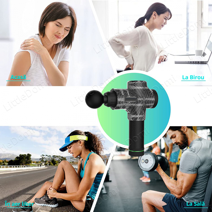 Aparat pentru Masaj Profesional, LittleDomi, Tip Pistol, 30 Viteze, 3500 Percutii, 14mm Amplitudine, 6 Capete, Silentios, Servieta Depozitare, pentru Relaxare/Recuperare Musculara, Anticelulitic, Toni [5]