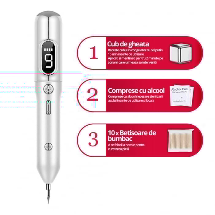 Aparat Plasma Pen LittleDomi, Indepartare Petelor, Negilor, Pistruilor, Cicatricelor, Alunitelor, Tatuajelor, Lifting Pleoape, Ecran LCD, 9 Trepte, Portabil, Reincarcabil, Lampa, 1x Cub Gheata Inox, 2 [2]