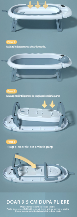 Cadita Pliabila cu Perna de Baie Hipoalergenica pentru Bebelusi LittleDomi®. 0-18 Luni, Termometru Incorporat, Suport pentru Cap de Dus si Sapun, Dop Scurgere, Cana pentru Clatire Tip Jucarie, Picioar [4]