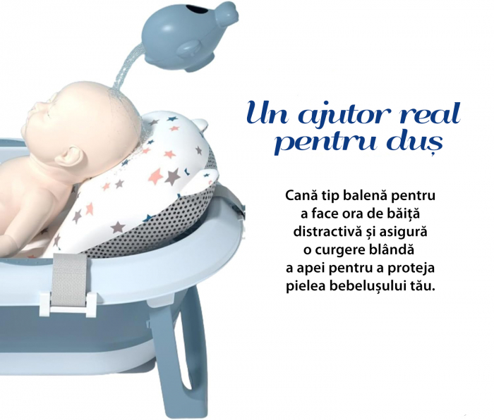 Cadita Pliabila cu Perna de Baie Hipoalergenica pentru Bebelusi LittleDomi®. 0-18 Luni, Termometru Incorporat, Suport pentru Cap de Dus si Sapun, Dop Scurgere, Cana pentru Clatire Tip Jucarie, Picioar [5]