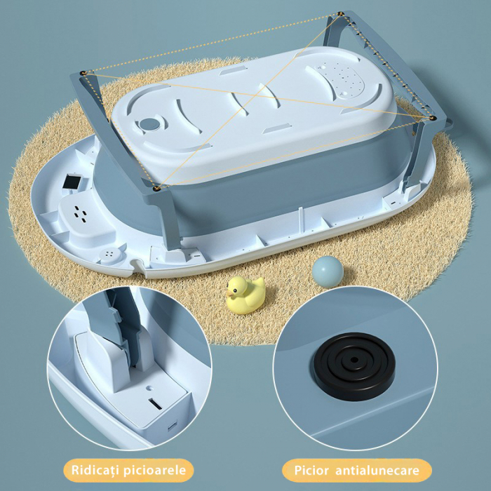 Cadita Pliabila cu Perna de Baie Hipoalergenica pentru Bebelusi LittleDomi®. 0-18 Luni, Termometru Incorporat, Suport pentru Cap de Dus si Sapun, Dop Scurgere, Cana pentru Clatire Tip Jucarie, Picioar [3]