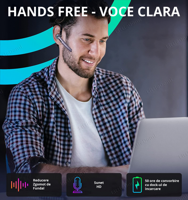 Casca Bluetooth 5.1 Profesionala, Handsfree, Eliminare Zgomot, Control Volum si Muzica, 2 Microfoane, Functie Mute, Compatibil Android si IOS, Cutie pentru Incarcare 400 mAh, Autonomie 15h, Standby 7 [5]