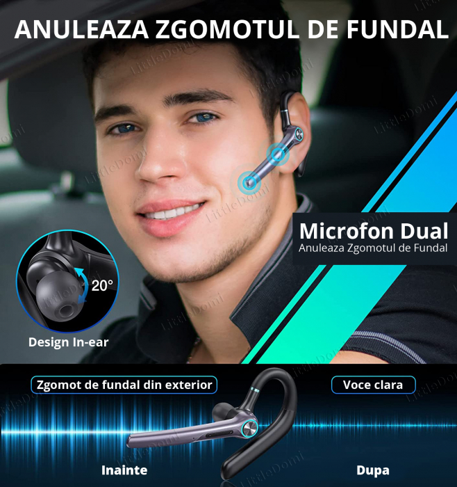 Casca Bluetooth 5.1 Profesionala, Handsfree, Eliminare Zgomot, Control Volum si Muzica, 2 Microfoane, Functie Mute, Compatibil Android si IOS, Cutie pentru Incarcare 400 mAh, Autonomie 15h, Standby 7 [3]