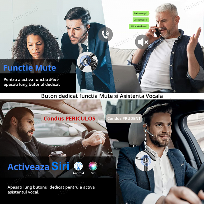Casca Bluetooth 5.1 Profesionala, Handsfree, Eliminare Zgomot, Control Volum si Muzica, Sunet HD, 2 Microfoane, Functie Mute, Compatibil Android si IOS, Autonomie 12h, Standby 7 zile, Baterie 90mAh, I [4]