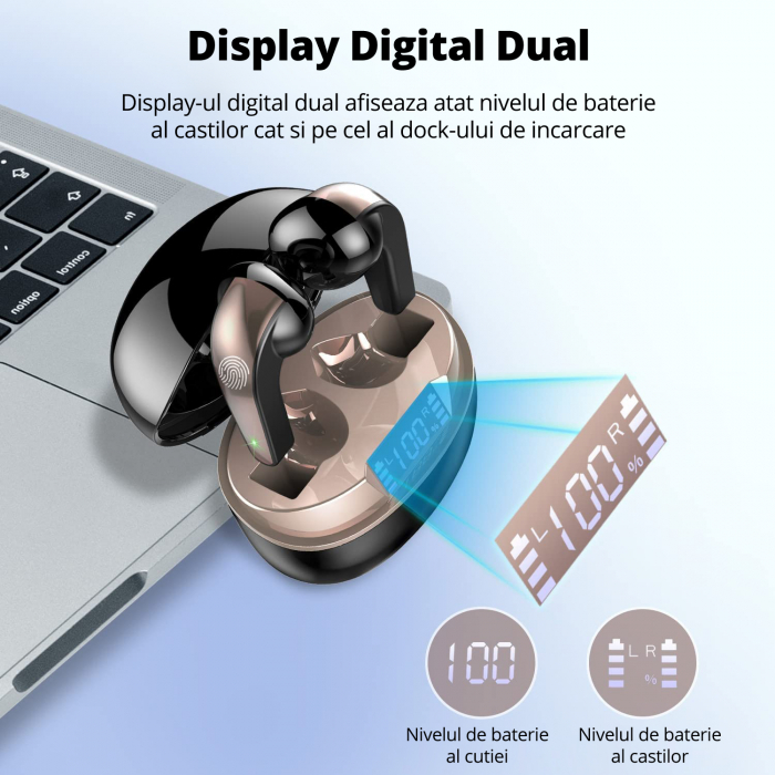 Casti Wireless Bluetooth 5.3, Control prin Atingere, Fara Fir, Carcasa Magnetica, Afisare LED, Eliminare Zgomot, Microfon HD, Rezistente la Apa IPX7, Asistent Vocal, Mono-Stereo-Share Mode, USB-C, 115 [4]