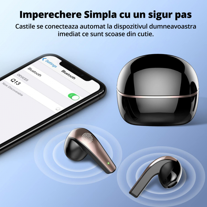 Casti Wireless Bluetooth 5.3, Control prin Atingere, Fara Fir, Carcasa Magnetica, Afisare LED, Eliminare Zgomot, Microfon HD, Rezistente la Apa IPX7, Asistent Vocal, Mono-Stereo-Share Mode, USB-C, 115 [6]