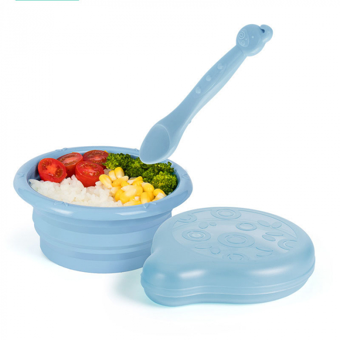 Castron diversificare, pliabil cu lingurita si cutie de protectie ,pentru copii, 0%BPA, silicon, Albastru [2]