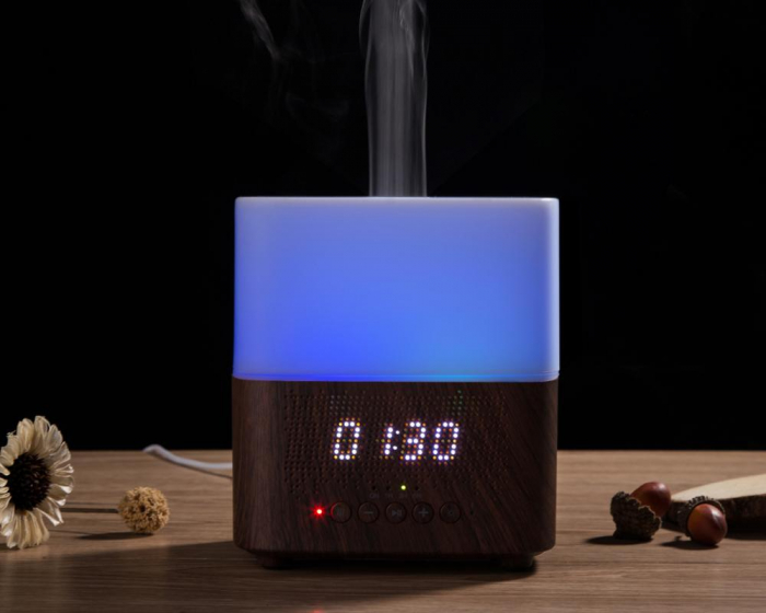Difuzor aromaterapie, ultrasonic, cu ceas si bluetooth, 300ml, umidificator de aer, Stejar inchis [1]