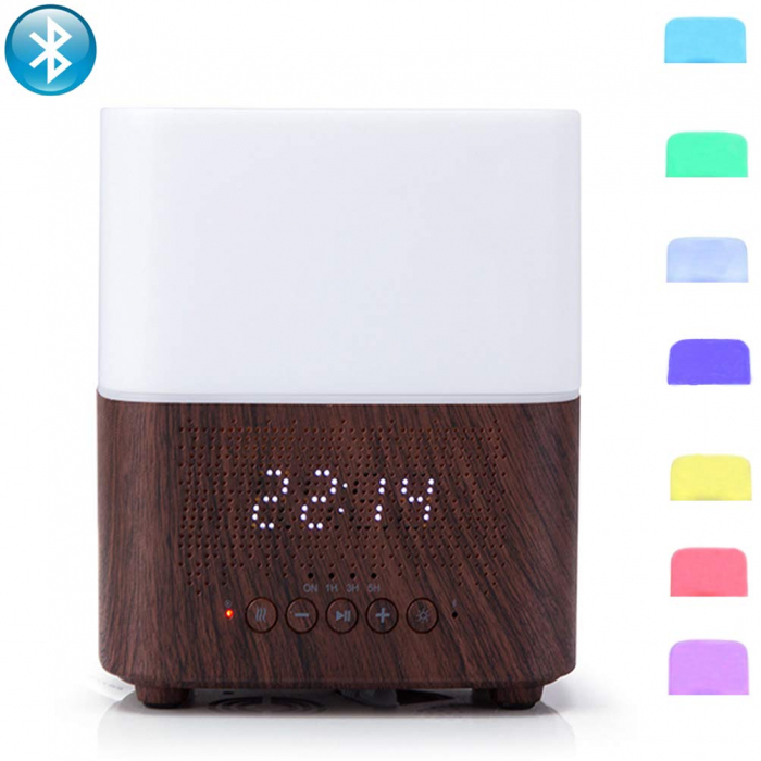 Difuzor aromaterapie, ultrasonic, cu ceas si bluetooth, 300ml, umidificator de aer, Stejar inchis [3]