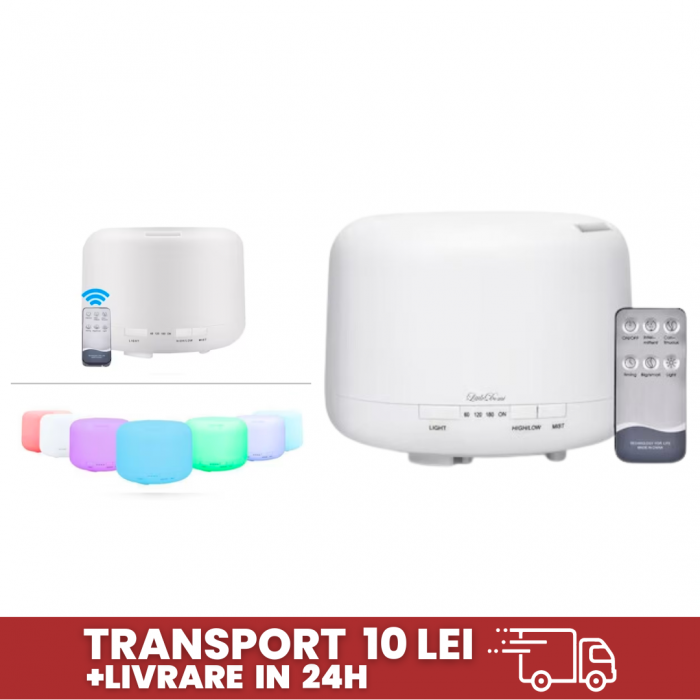 Difuzor Aromaterapie,Umidificator cu Ultrasunete LittleDomi,Lampa de veghe cu Telecomanda, 500 ml,16 ore, silentios, Alb [2]