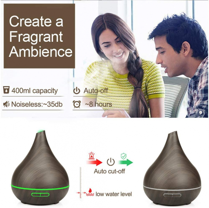 Difuzor de uleiuri esentiale pentru aromaterapie, LittleDomi,Telecomanda,400ml,Dark wood [2]