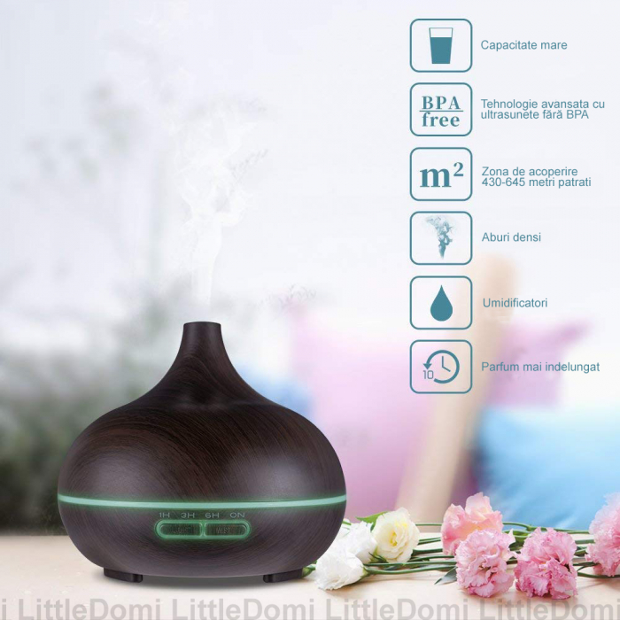 Difuzor uleiuri esentiale aromaterapie LittleDomi, 7 Culori LED, 4 Programe,telecomanda si cu oprire automata, Fara BPA, Rezervor 500ml [1]