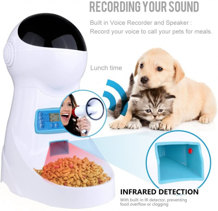 Dispenser Hrana Automat pentru Caini si Pisici, 4 Mese pe Zi, Controlul Portiei, Cronometru Programabil, Inregistrare Voce, Inductie in Infrarosu, Capacitate 3L pentru Hrana Animale de Companie, Alime [6]