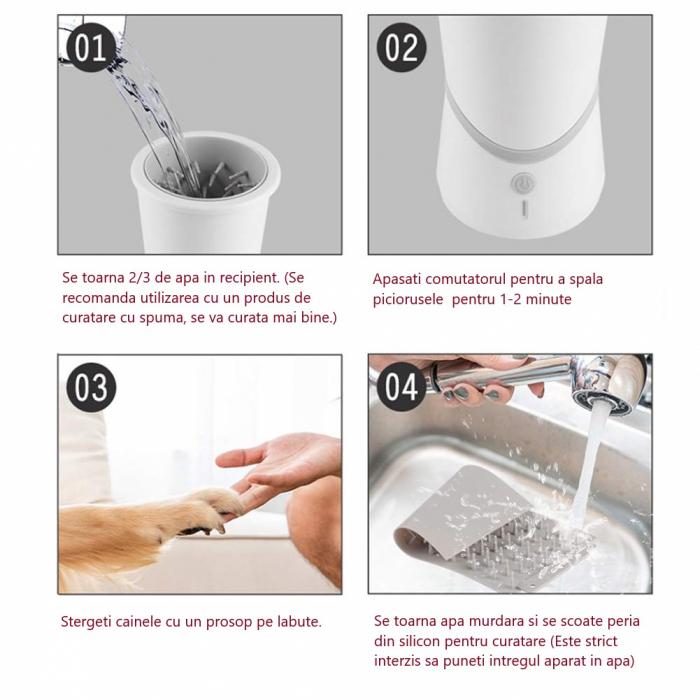 Dispozitiv Curatare, Igienizare si Dezinfectare Labute, Pentru Caini si Pisici, Electric, Rotire 360°, Perie din Silicon Moale, Portabil, Acumulator, Alb [2]