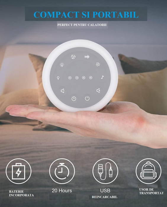 Dispozitiv Sunet Alb, LittleDomi, Functie Lampa de Veghe, Memorie, Timer, Portabil, Autonomie 10h, White Noise, pentru Bebelusi si Adulti, Reincarcabil, 24 Sunete [5]