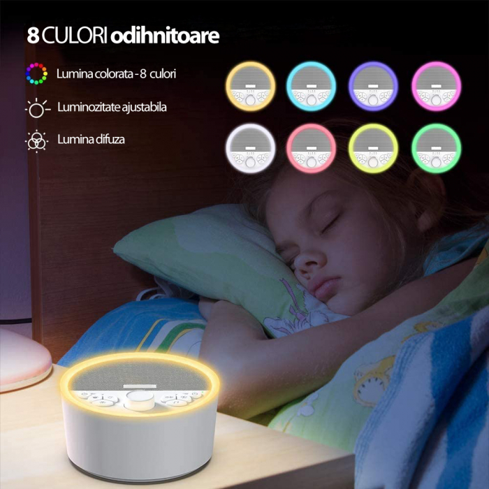 Dispozitiv Sunet Alb, LittleDomi, Terapie, Reincarcabil, Timer, Functie Memorie, Portabil, Autonomie 10h, pentru Bebelusi si Adulti, 29 sunete, White Noise, Lampa de Veghe cu Reglare Intensitate Lumin [2]