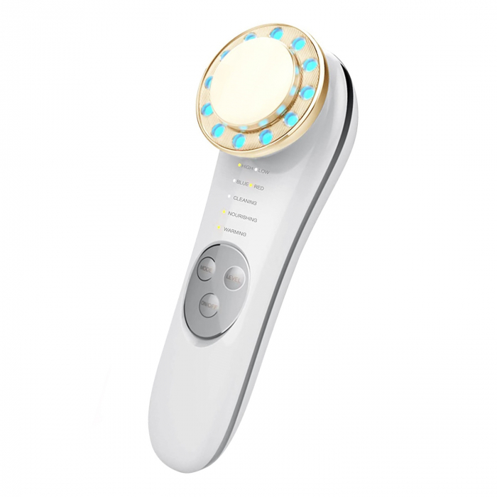 Dispozitiv Tratament si Ingrijire Faciala 5 in 1, LittleDomi, LED, Mezoterapie, Fototerapie, Lifting, Vibratii EMS, Anti-rid, Microcurent, Masaj Facial, Alb&Auriu [1]