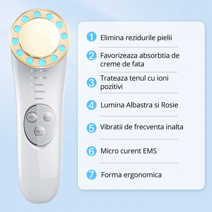 Dispozitiv Tratament si Ingrijire Faciala 5 in 1, LittleDomi, LED, Mezoterapie, Fototerapie, Lifting, Vibratii EMS, Anti-rid, Microcurent, Masaj Facial, Alb&Auriu [2]