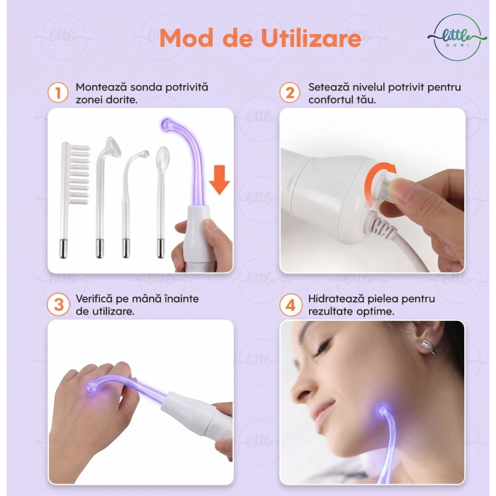 Electroderm, LittleDomi, Tratament cu Frecventa Inalta pentru Acnee, Riduri, Controlul Petelor, Cearcane, Ten, Par Seboreic, Stimulator Scalp, Infrumusetare, Biostimulare Faciala, Lifting, Alb [3]
