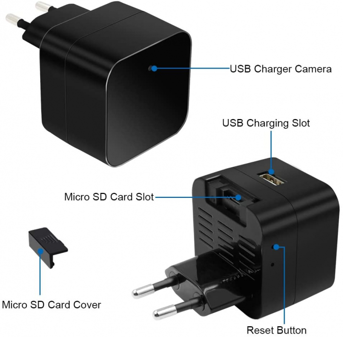 Incarcator/Adaptor USB cu Camera Spion, HD 1080p, WiFi, Mod Nocturn, Senzor Miscare, Aplicatie Smartphone, Compatibil IOS si Android, Slot card MicroSD max 124Gb, Inregistrare in Bucla, Negru [4]