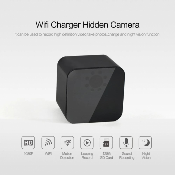 Incarcator/Adaptor USB cu Camera Spion, HD 1080p, WiFi, Mod Nocturn, Senzor Miscare, Aplicatie Smartphone, Compatibil IOS si Android, Slot card MicroSD max 124Gb, Inregistrare in Bucla, Negru [2]
