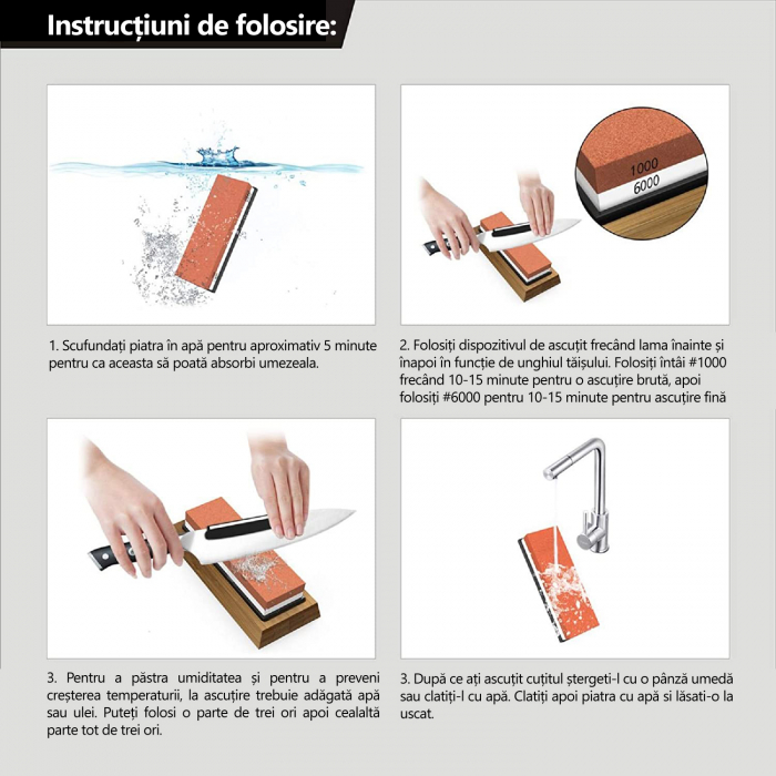 Kit Ascutire Cutite, LittleDomi, 2 Granulatii 1000/6000, Piatra cu Suport din Silicon pentru Ascutirea Cutitelor prin Slefuire, Suport Bambus Antiderapant, Ghidaj Unghiular, Ascutire, Finisare, Indrep [5]