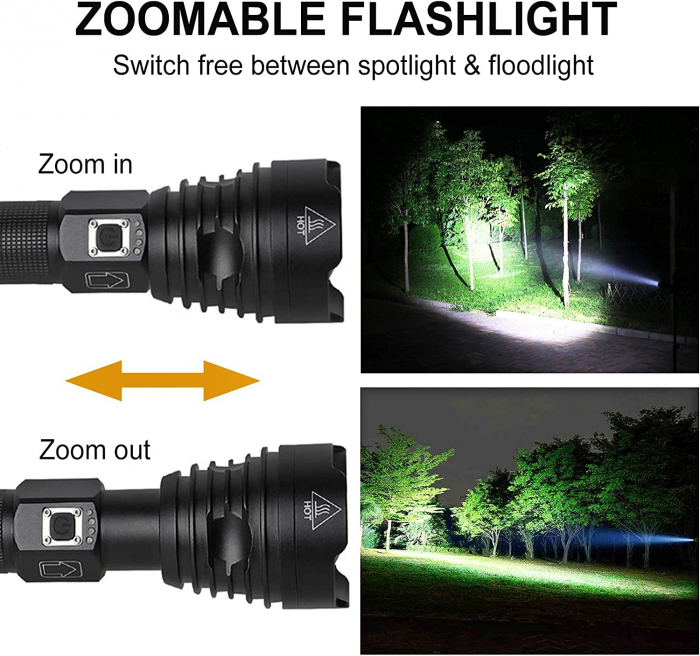 Lanterna Tactica LED Profesionala, LittleDomi XHP90.2 din Aluminiu, 6000 lm, 800m raza, 3 Moduri, Focus Ajustabil, IP65 Rezistenta la Apa, Incarcare USB, Acumulator Inclus, Indicator Baterie, Cutie De [3]