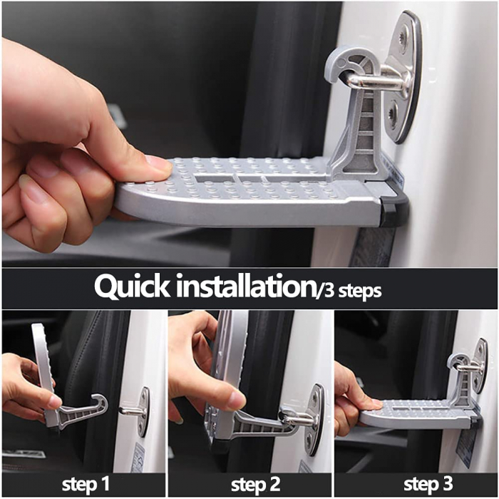 Pas cu Carlig Pliabil Multifunctional pentru Usa Masinii, cu Functie de Ciocan de Siguranta, Scara cu Pedala Mini, Ajuta la Imbarcarea pe Acoperis, Universal, Gri [2]