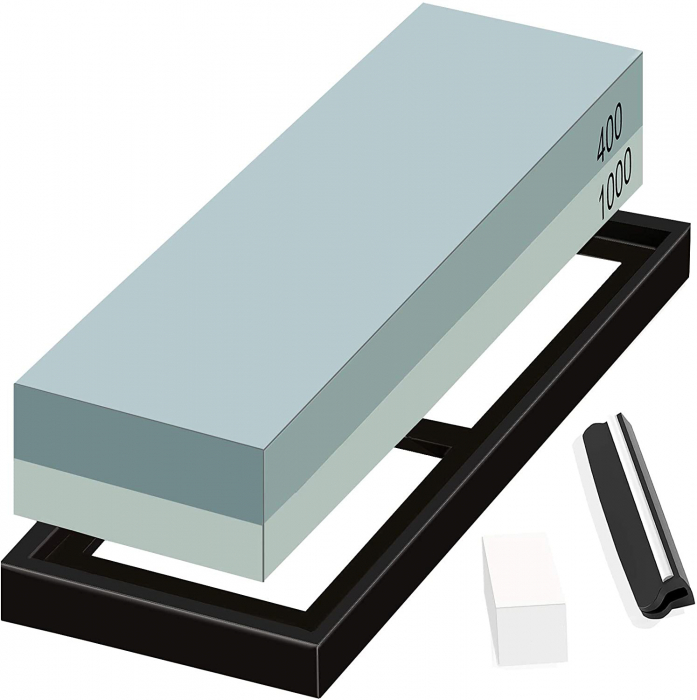 Piatra pentru Ascutirea Cutitelor prin Slefuire, LittleDomi, cu Suport din Silicon, 2 Granulatii 400/1000, Ghidaj Unghiular, Ascutire, Finisare, Indreptare [1]