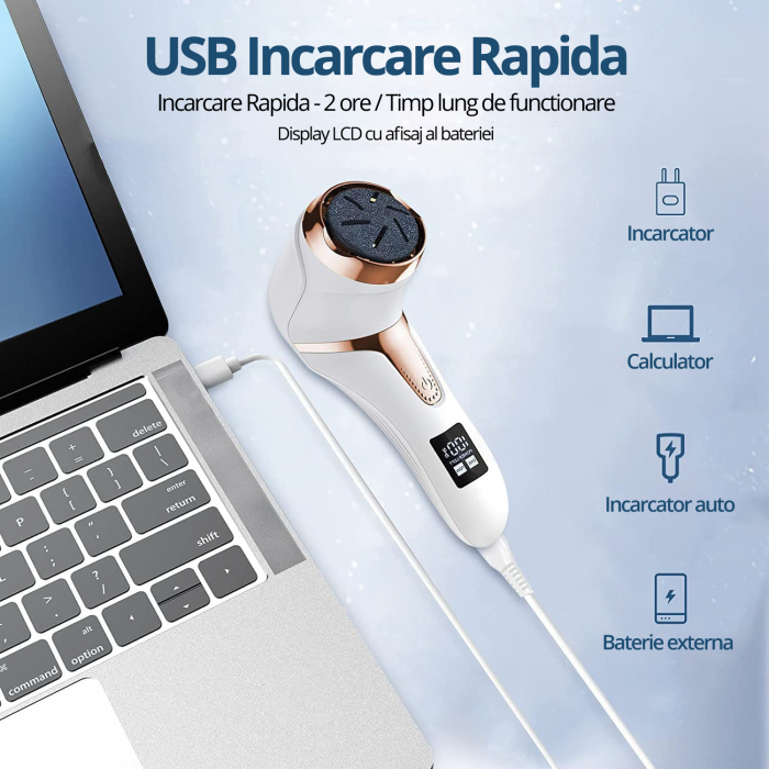 Pila Electrica pentru Talpi si Calcaie, Bataturi, Piele Moarta, LittleDomi, Dispaly Digital LED, Reincarcabil, Afisare Baterie, Incarcare USB, Rezistent la Apa, Aspirare Reziduri, Functie Blocare, 3 R [4]