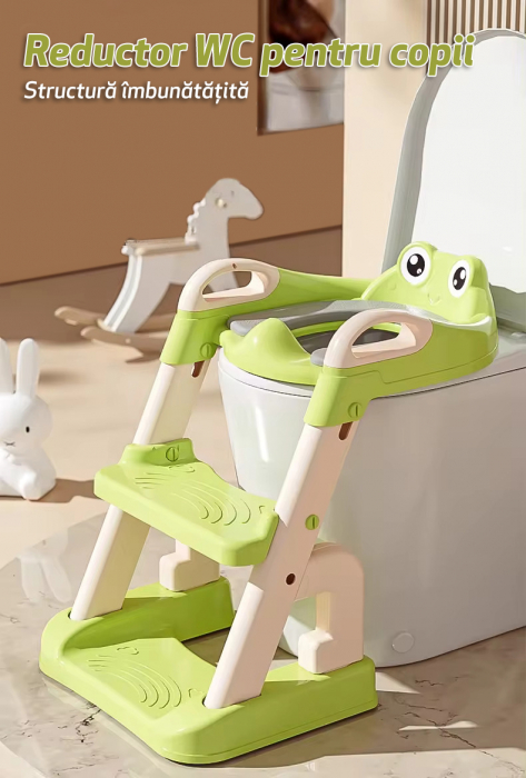 Reductor si Scaunel Inaltator WC pentru Copii +1An, LittleDomi®, 2 Trepte, Reglabil pe Inaltime, Pliabil, Portabil, Antiderapant, Anti-Stropire, Perna Moale, Manere de Sustinere, Verde [6]