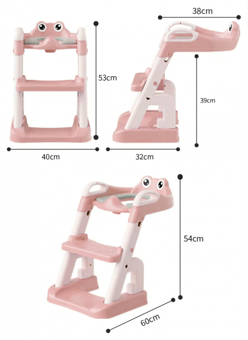 Reductor si Scaunel Inaltator WC pentru Copii +1An, LittleDomi®, 2 Trepte, Reglabil pe Inaltime, Pliabil, Portabil, Antiderapant, Anti-Stropire, Perna Moale, Manere de Sustinere, Roz [7]