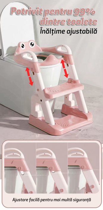 Reductor si Scaunel Inaltator WC pentru Copii +1An, LittleDomi®, 2 Trepte, Reglabil pe Inaltime, Pliabil, Portabil, Antiderapant, Anti-Stropire, Perna Moale, Manere de Sustinere, Roz [2]