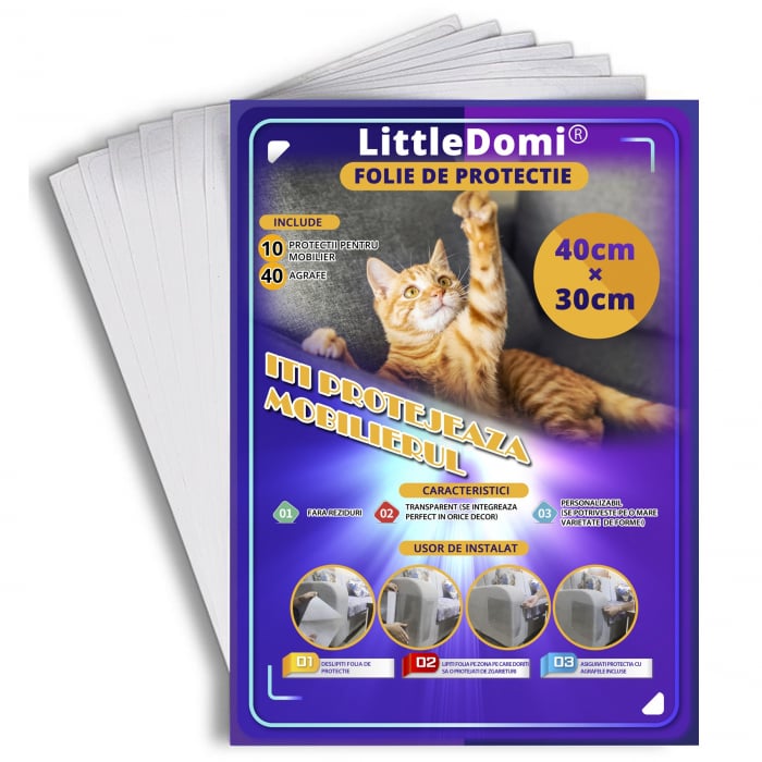 Set 10 Folii One Size, Protectie Impotriva Zgarieturilor de Pisici si Caini pentru Obiecte din Lemn sau Material Textil, Pat, Canapea, Scaun, Usa, Covor, Polietilena Autoadeziva, Rezistenta la Apa, 40 [1]
