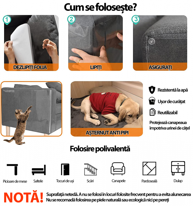 Set 6 Folii Protectie Impotriva Zgarieturilor de Pisici si Caini pentru Obiecte din Lemn sau Material Textil, Pat, Canapea, Scaun, Usa, Covor, Polietilena Autoadeziva, Rezistenta la Apa, 24 agrafe, Tr [4]