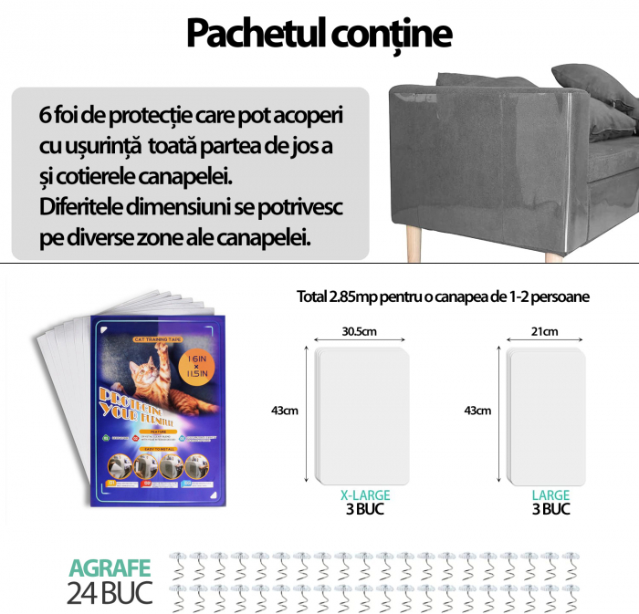 Set 6 Folii Protectie Impotriva Zgarieturilor de Pisici si Caini pentru Obiecte din Lemn sau Material Textil, Pat, Canapea, Scaun, Usa, Covor, Polietilena Autoadeziva, Rezistenta la Apa, 24 agrafe, Tr [6]