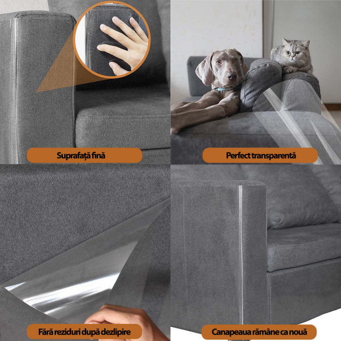 Set 6 Folii Protectie Impotriva Zgarieturilor de Pisici si Caini pentru Obiecte din Lemn sau Material Textil, Pat, Canapea, Scaun, Usa, Covor, Polietilena Autoadeziva, Rezistenta la Apa, 24 agrafe, Tr [2]