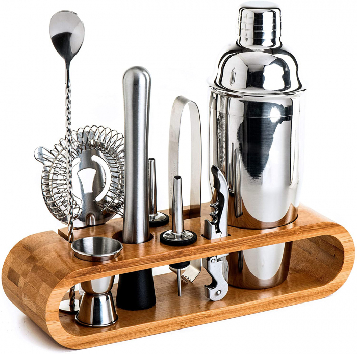 Set de Barman pentru Bauturi, LittleDomi, Suport din Bambus, Shaker Cobbler 550 ml, 10 Piese, Otel Inoxidabil, Argintiu [1]