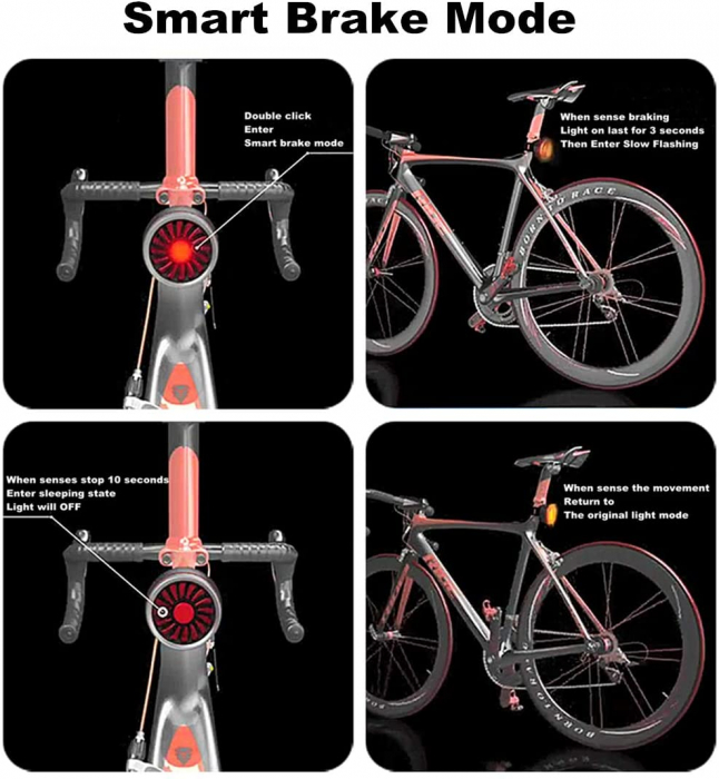Stop Bicicleta Inteligent, 5 Moduri de Lumina, Senzor Franare, SMD LED, IP65 Rezistent la Apa si Praf, Incarcare USB, Aluminiu,  Negru [3]