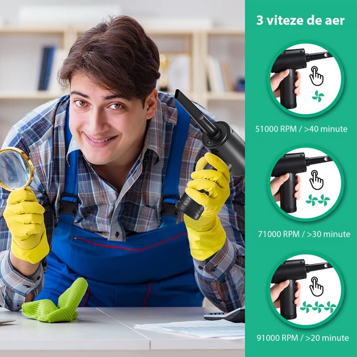 Suflanta Aer & Aspirator fara Fir, LittleDomi, 68W, pentru Tastatura, Indepartare Praf PC, Aer Conditionat, Jaluzele, Canapea, Telefon, Obiectiv Aparat Foto, 3 Trepte de Viteza, 11 Accesori [3]